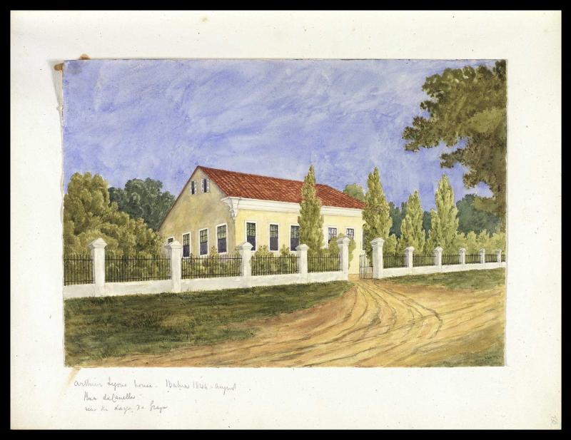 Casa histórica em aquarela com paisagem rural, from the Cordel collection