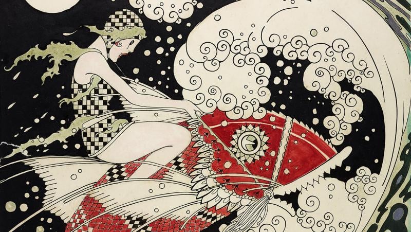Ilustração de mulher montada em peixe vermelho em estilo cordel