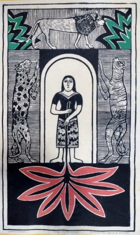 Arte em cordel com figura humana e animais em destaque