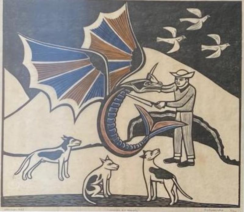 Ilustração de homem com dragão e cães em arte de cordel