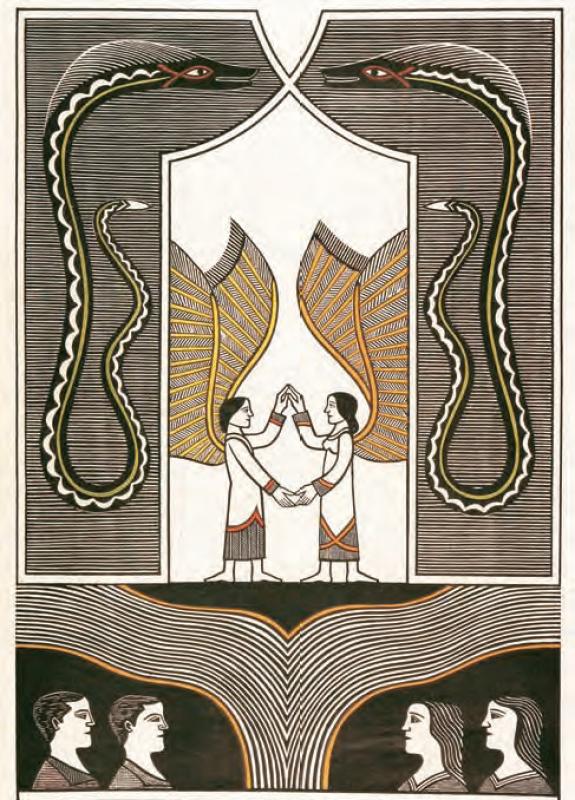 Ilustração de harmonia com figuras e serpentes no estilo cordel