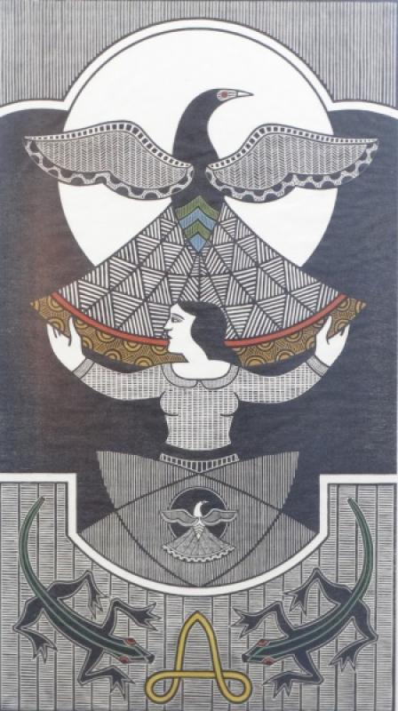 Arte em cordel com figura feminina e aves estilizadas