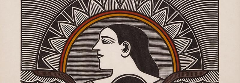 Xilogravura de Gilvan Samico com figura feminina e sol, from the Cordel collection