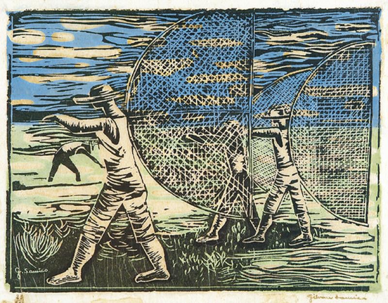 Xilogravura de pescadores com redes em cena de cordel