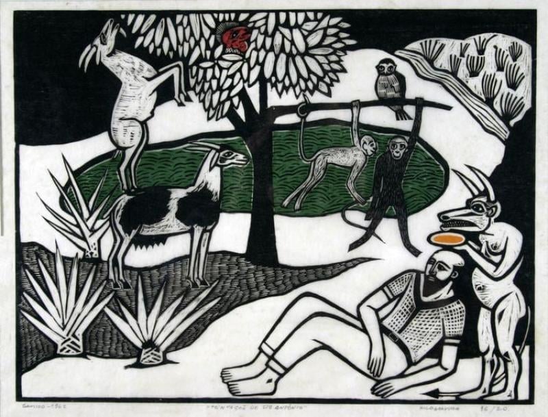 Xilogravura de Gilvan Samico com personagens folclóricos e natureza, from the Cordel collection