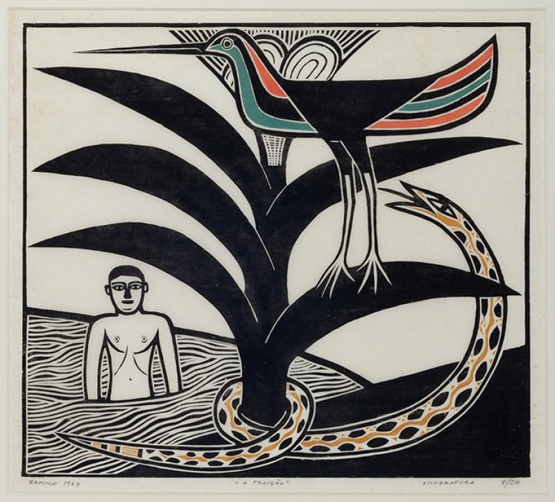 Arte de Cordel com Pássaro, Cobra e Figura Humana