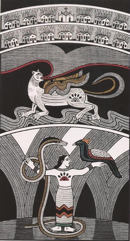 Xilogravura de cordel com figuras mitológicas e elementos culturais nordestinos