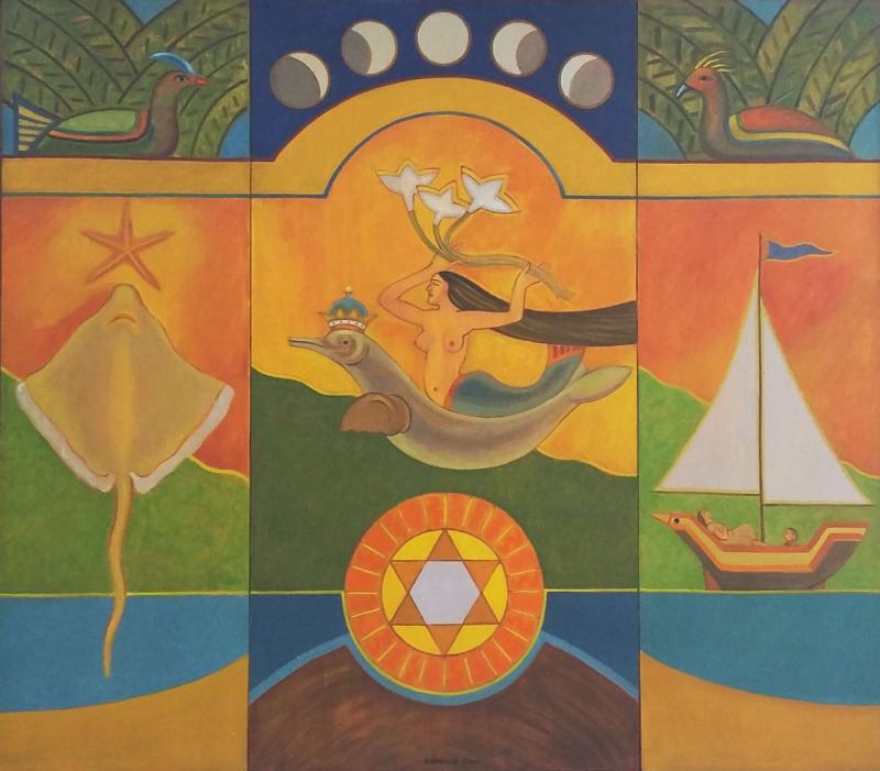 Pintura colorida com elementos marinhos e figuras mitológicas, from the Cordel collection