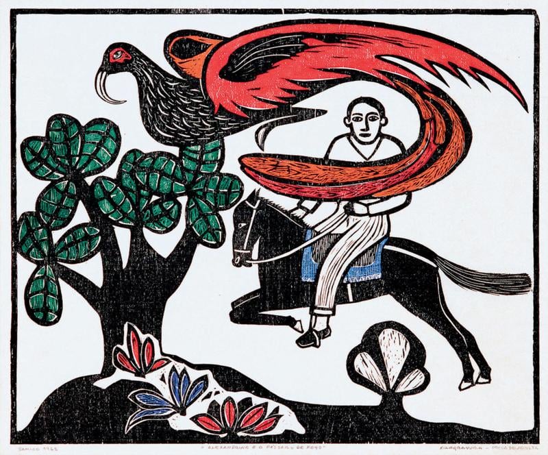 Ilustração de cordel com homem a cavalo e ave colorida