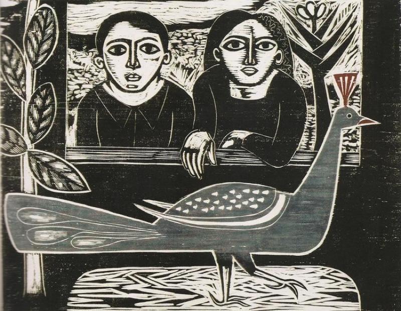 Gravura de dois personagens e pavão por Gilvan Samico, from the Cordel collection