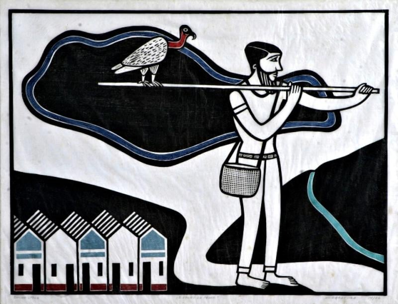 Ilustração de homem com pássaro e casas em estilo cordel