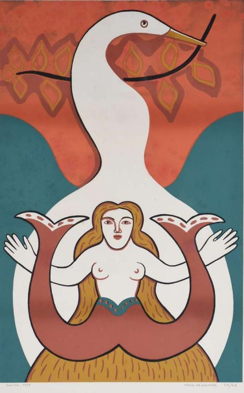Ilustração de mulher com cisne em arte de cordel