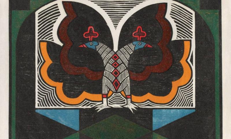Gravura de pássaros estilizados em arte cordel