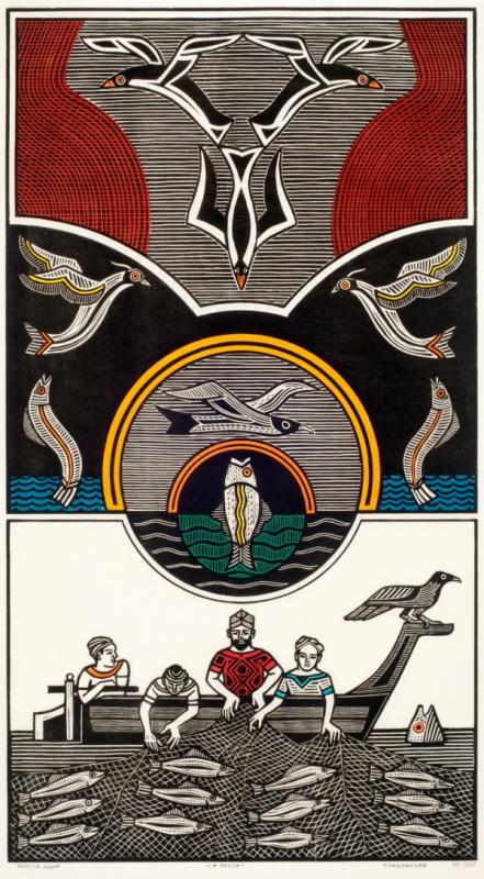 Ilustração de cordel com temática marinha e figuras humanas