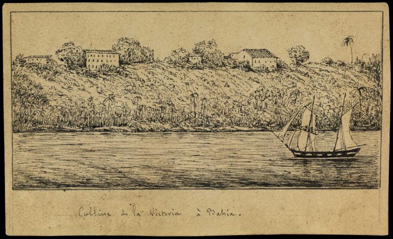 Desenho de barco à vela no rio com paisagem de fundo, from the Cordel collection