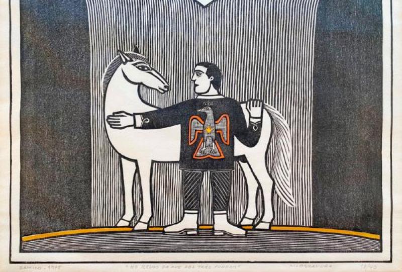 Ilustração de cordel com homem e cavalo em paisagem sertaneja