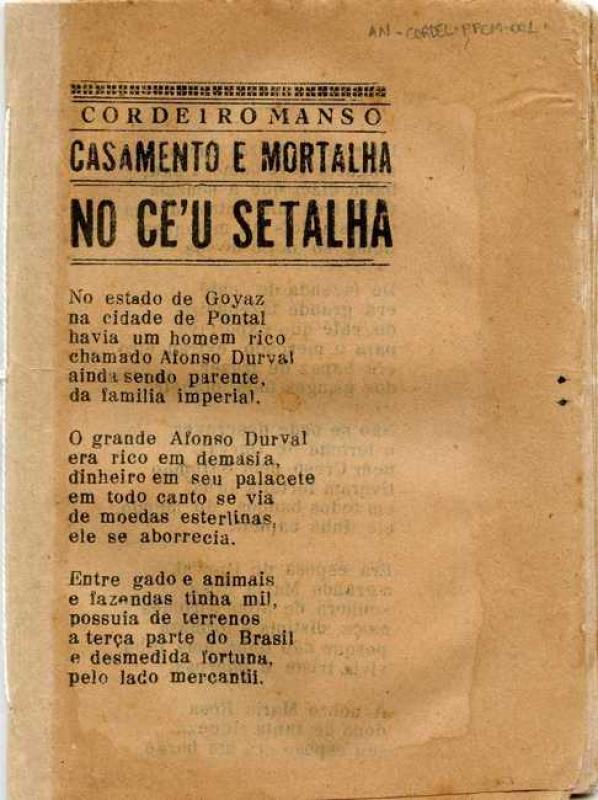 Cordeiro Manso Casamento e Mortalha no Ce'u Setalhá Cordel