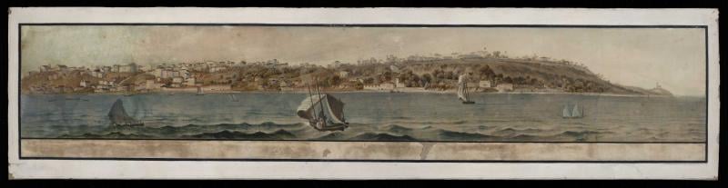 Pintura de paisagem marítima com barcos e cidade ao fundo, from the Cordel collection
