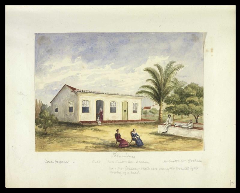 Casa rural com figuras femininas em paisagem brasileira do século XIX, from the Cordel collection
