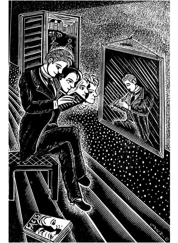 Ilustração de artista moldando máscaras em estúdio de arte, from the Cordel collection