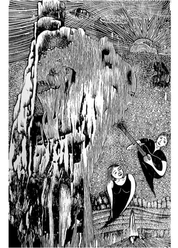 Ilustração de cordel com figuras tocando violão e elementos naturais
