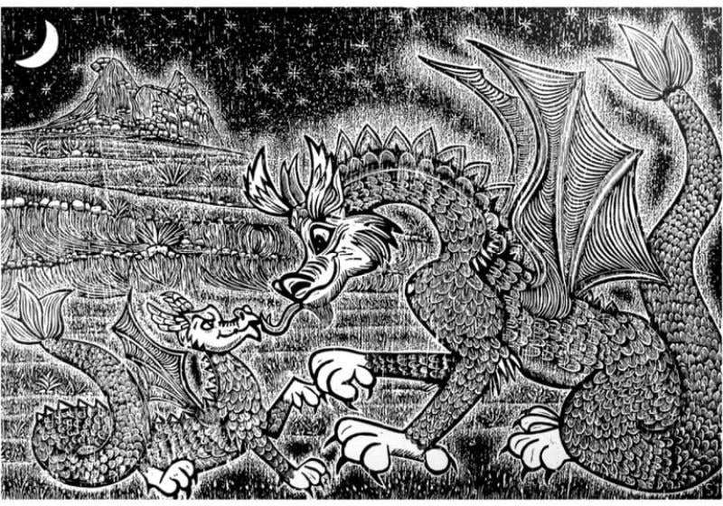 Ilustração de dragões em estilo cordel com paisagem noturna