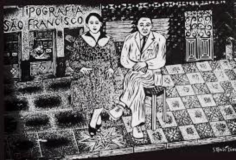 Ilustração de casal em tipografia São Francisco no estilo cordel
