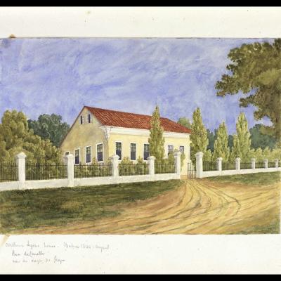 Casa com cercas brancas e árvores em paisagem rural, from the Engraving collection