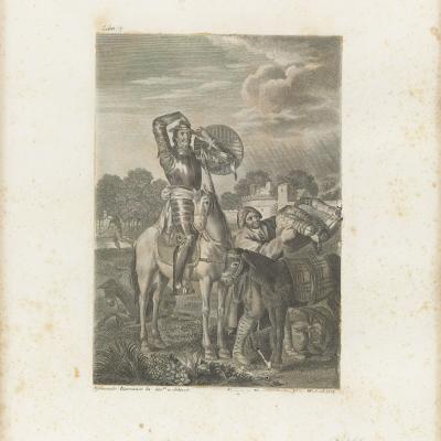 Gravura de cavaleiro com escudo e soldado em cenário rural, from the Engraving collection