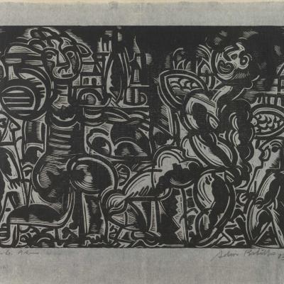 Gravura abstrata com figuras humanas e elementos geométricos, from the Engraving collection