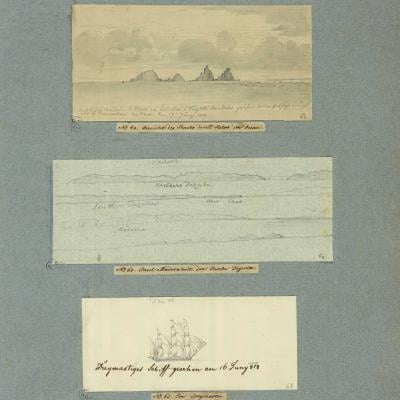 Gravura de paisagem marítima com ilhas e navio no horizonte, from the Engraving collection
