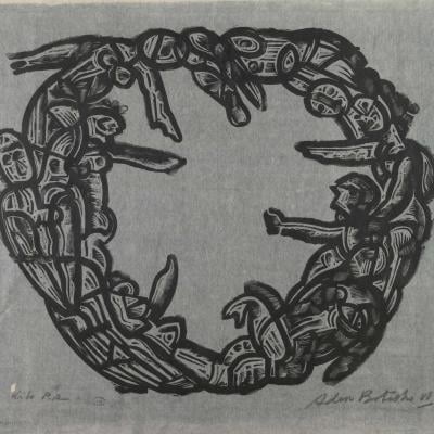Gravura de arte indígena com figuras humanas e animais, from the Engraving collection