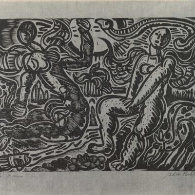 Gravura de figuras humanas em paisagem abstrata, from the Engraving collection