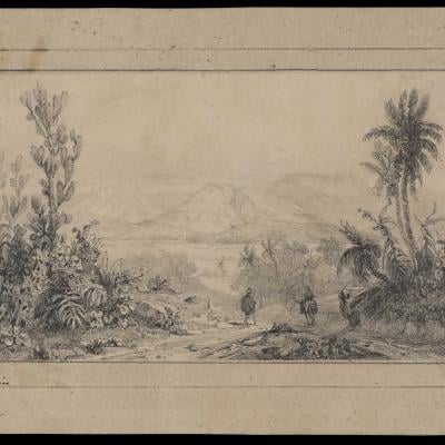 Gravura de paisagem tropical com figuras humanas, from the Engraving collection