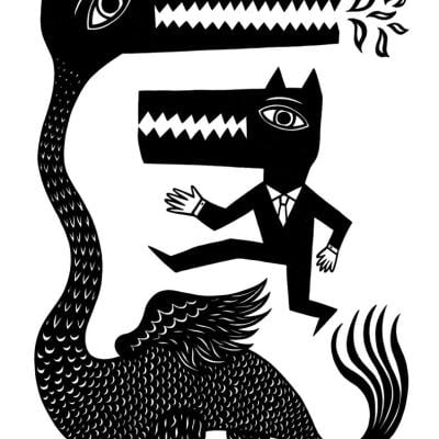 Ilustração de figura humana e criatura mitológica em estilo gráfico, from the Posters collection