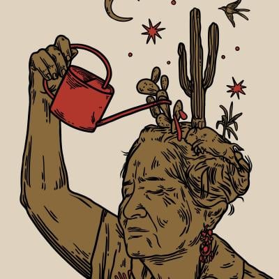 Ilustração de mulher regando plantas na cabeça com elementos cósmicos e cactos, from the Posters collection