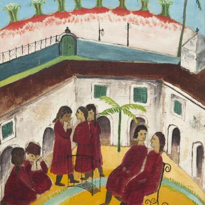 Pintura de pessoas em ambiente rural com palmeiras e montanhas ao fundo, from the Painting collection